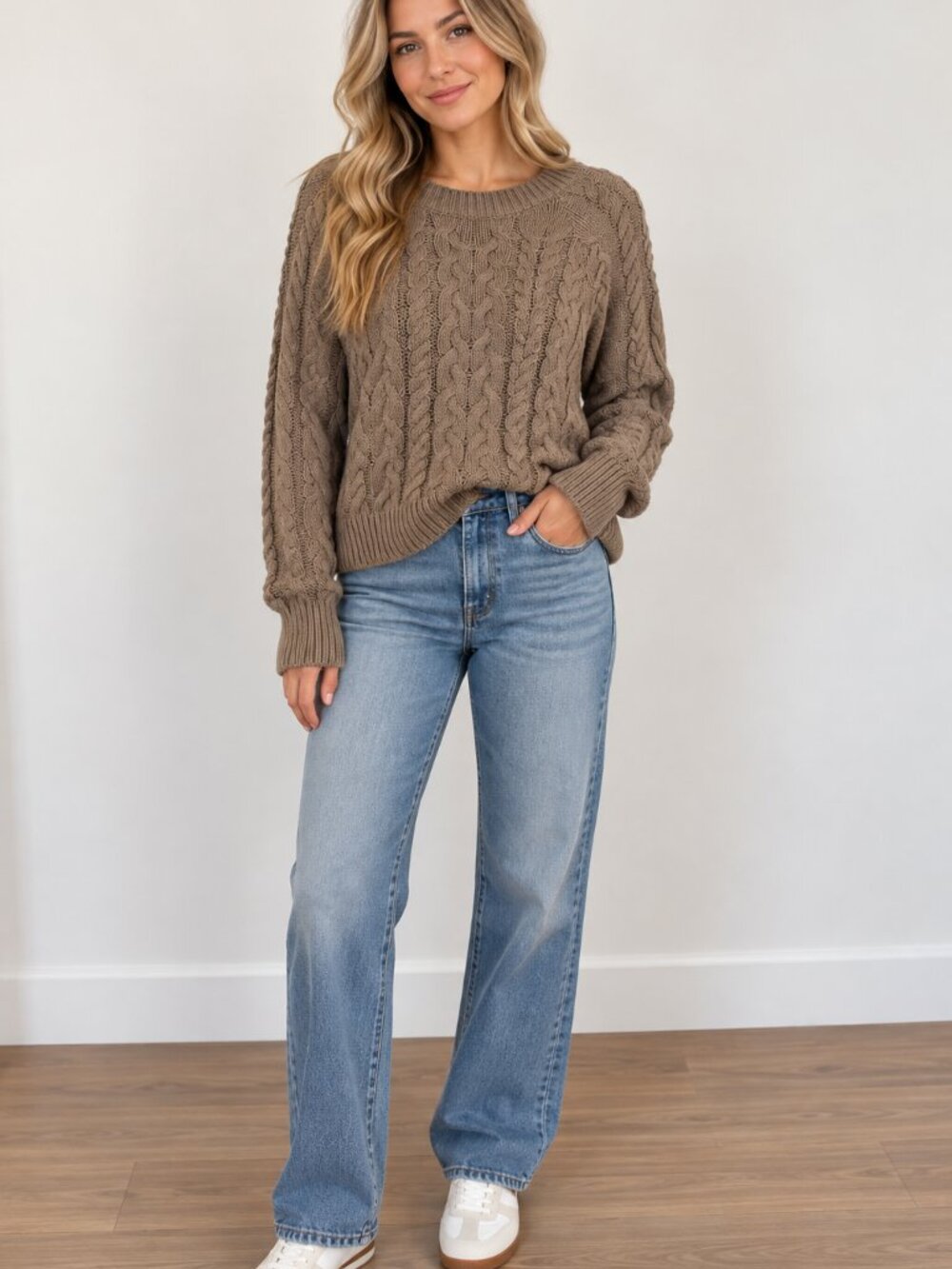 aerie Taupe Cable-Knit Crewneck Sweater